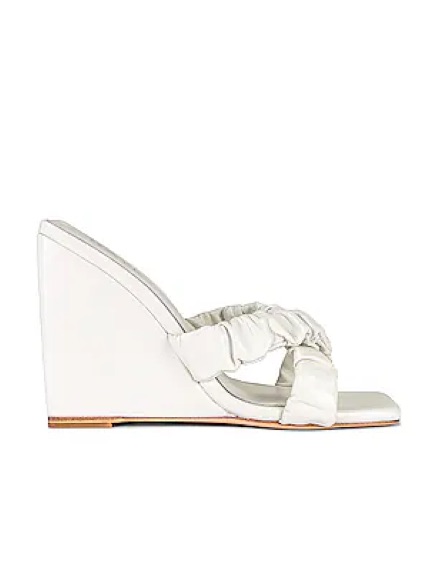 Raye White Ruched Crossover Wedge Sandals